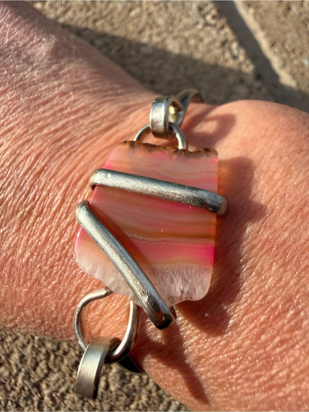 Handmade Sterling Silver Wire-Wrapped Cuff Bracelet | Pink & Orange Banded Agate